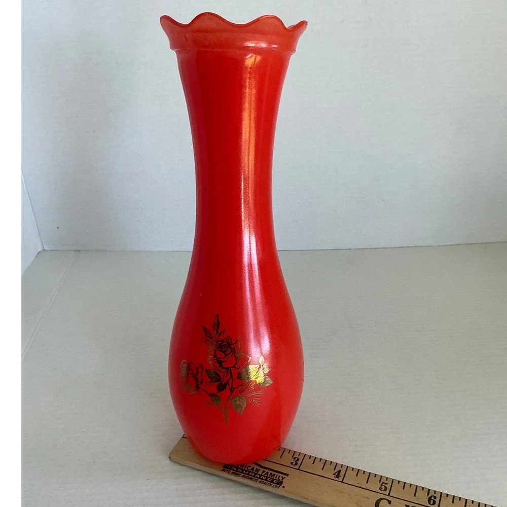 Vintage Red Milk Glass Bud Vase Gold Rose Scalloped‎ Rim 9 Inch MCM
